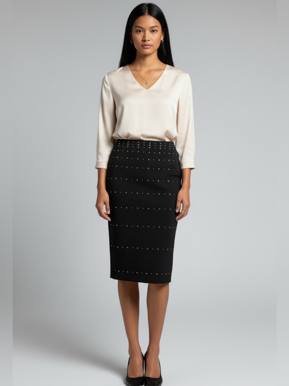 Black Studded Pencil Skirt - Sleek Professional Style